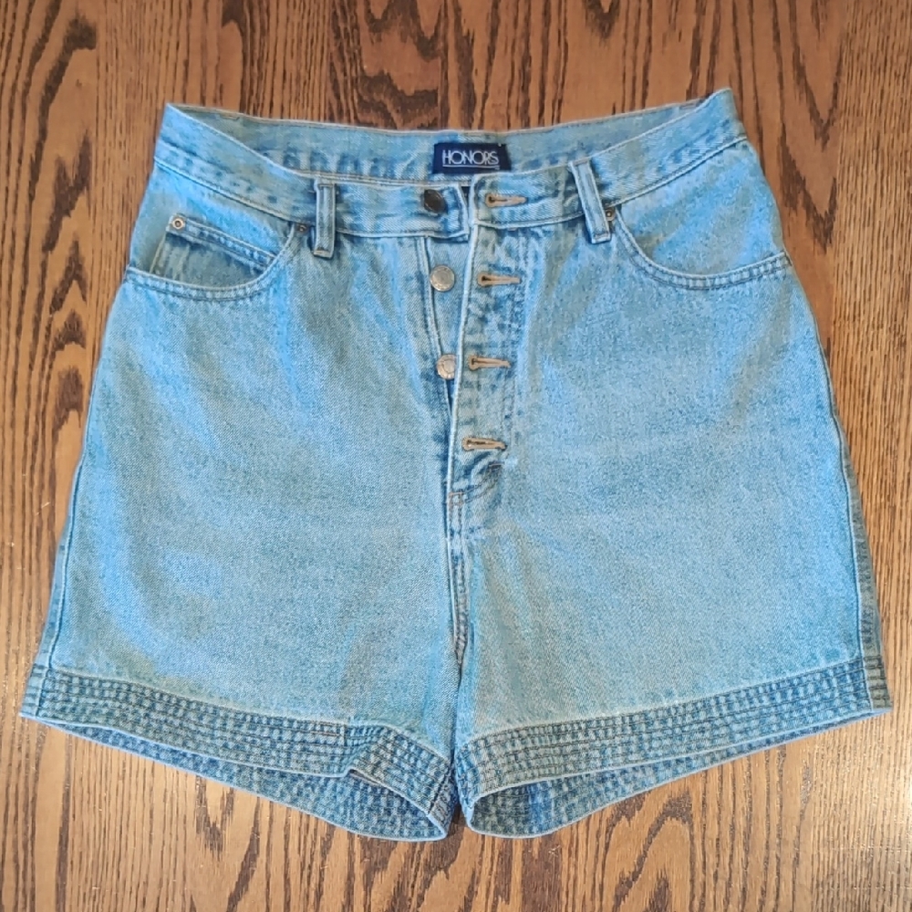 Honors™ High Waisted Faded Denim Jean Shorts Y2K Sz12 Vintage Button Fly